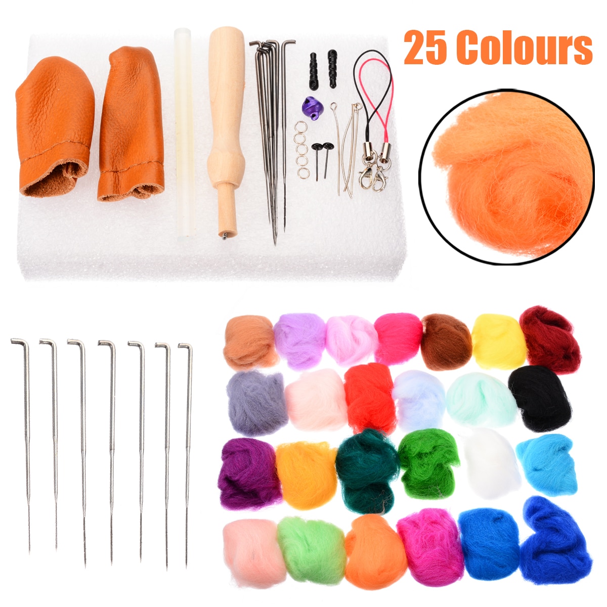 1set 25 Colours DIY Home Wool Felt Needles Tool Set with Needle Wool Roving Felting Weaving Spinning Craft Starter DIY Kit