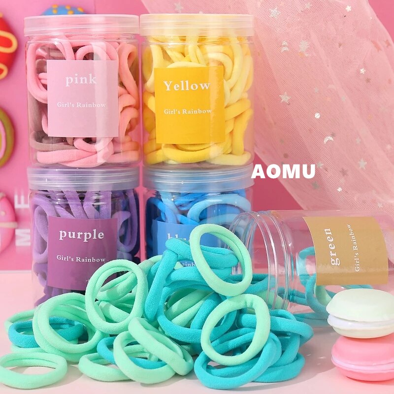 Aomu 50 Stks/doos Regenboog Kleur Nylon Elastische Haarbanden Roze Paars Kinderen Elastiekjes Houder Haar Accessoires Voor Meisjes vrouwen