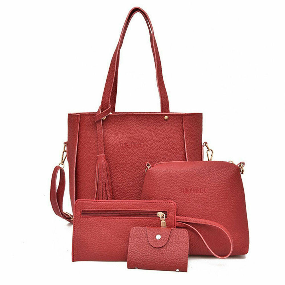 4Pcs Set Women Lychee Pattern Mother-child Four-piece Handbag Messenger Bag Wild Mini Bucket Tassel Single Shoulder: Burgundy