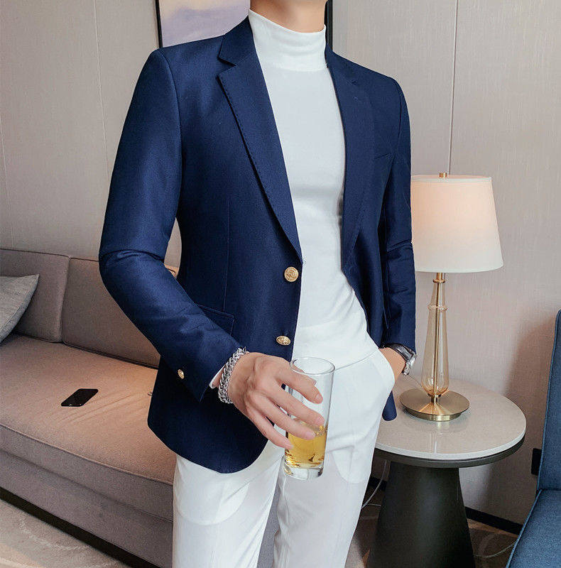 Mens Slim Fit Blazer Business Casual Blazer Suit Jacket Spring Luxury Social Club Outfits Clothers Terno Masculino: Blue / Korean M