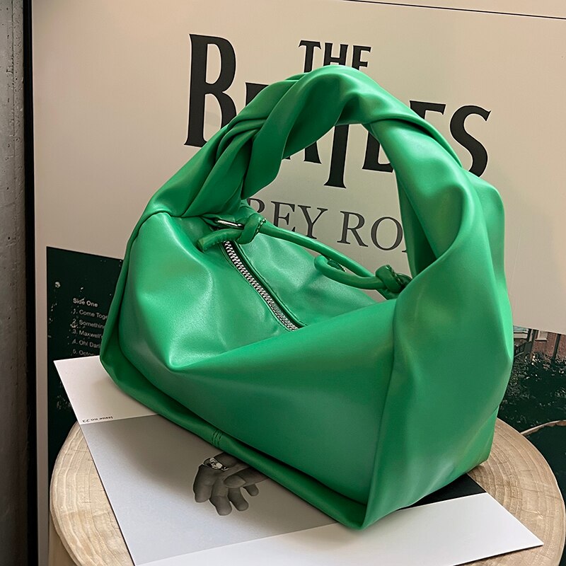 Korean Style Summer New Soft PU Leather Hobo Shoulder Bag Fashion Pleated Handle Handbag for Women Designer Crossbody Bag Female: green
