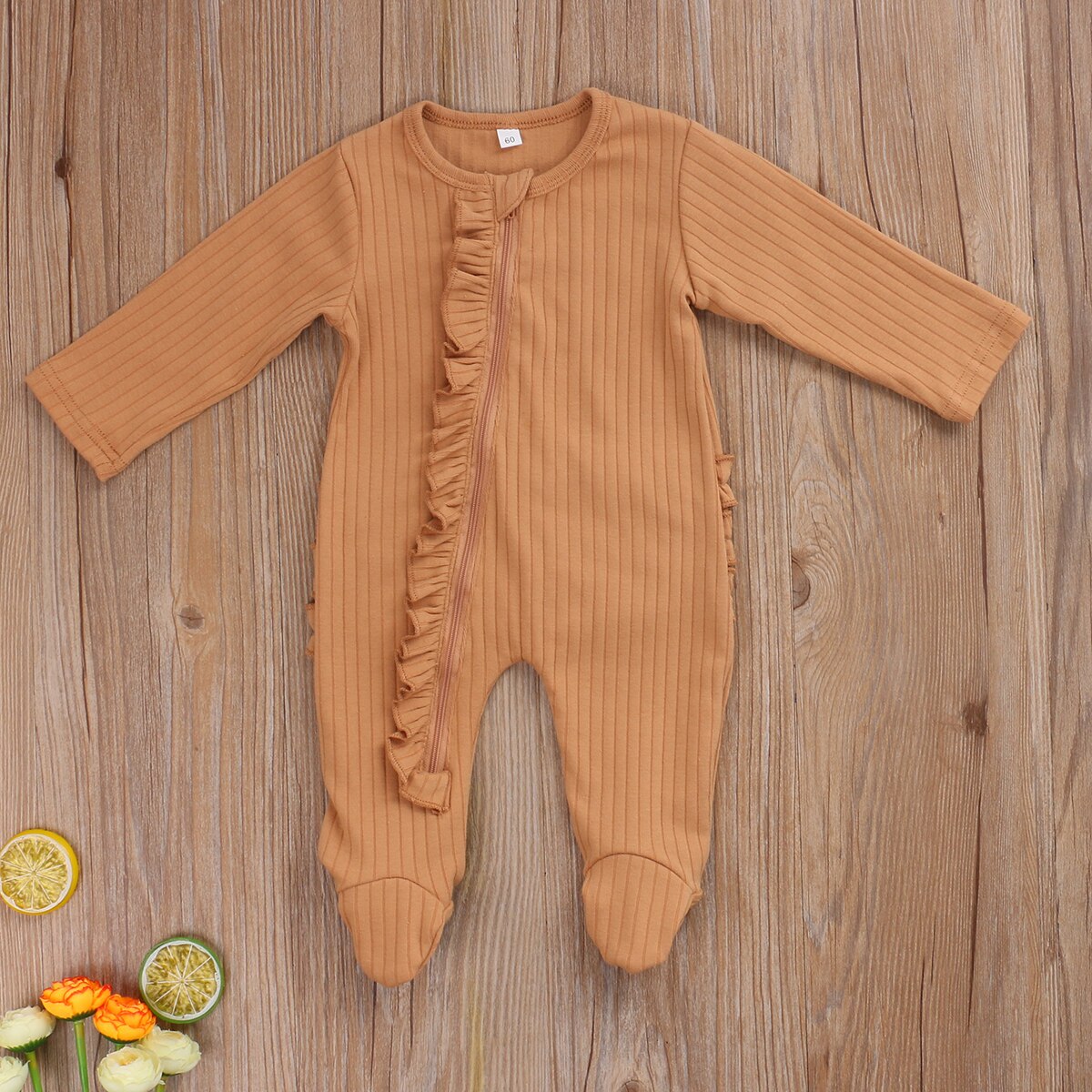 Nyfødte pyjamas i ét stykke, ensfarvet spædbarn, ensfarvet, langærmet, rund halsudskæring nattøj: Khaki / 6m