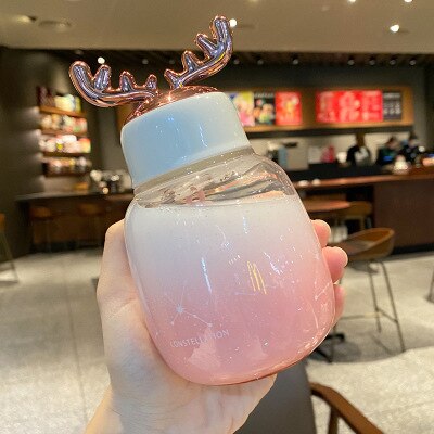 Söt vattenflaska för tjejer studenter barn kawaii genomskinligt glas vatten kopp skrubba drinkware flaska med rep lock: Rosa