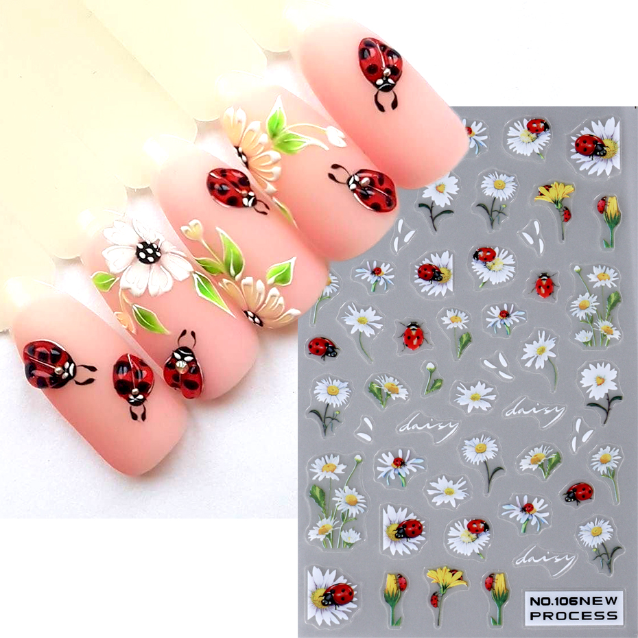 Pegatinas de Arte de uñas de mariquita de abeja 3D, hojas de otoño, margaritas florales, deslizador, calcomanía de pájaro Animal lindo, decoración de manicura, puntas de uñas, Belleza