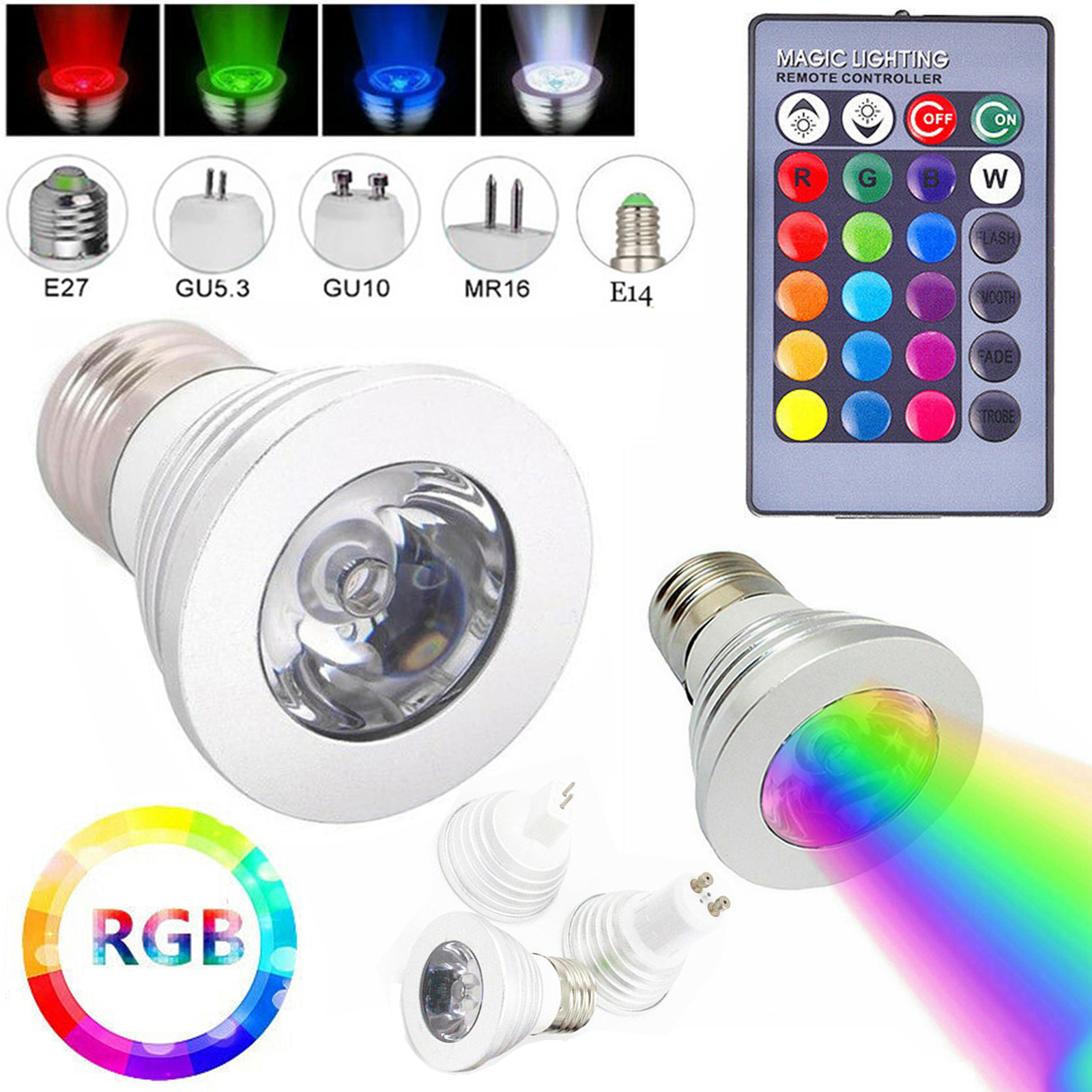 foco LED RGB 3W E27 E14 GU10 GU5.3 MR16 con Control remoto de 24 teclas bombillas de luz regulables de Color para decoración del hogar