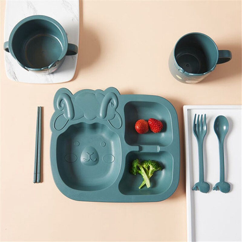 Vajilla para bebé, juego de 6 uds. De platos de cena para niños, tenedor de caricaturas para el hogar, platos de alimentación resistentes a las caídas para: Sheep green set