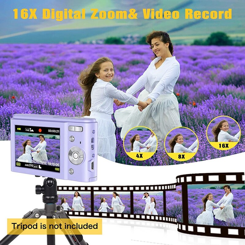 1080P 36.0 Mega Pixels Digital Camera with 16X Digital Zoom, LCD Screen, Portable Mini Cameras for Students Teens