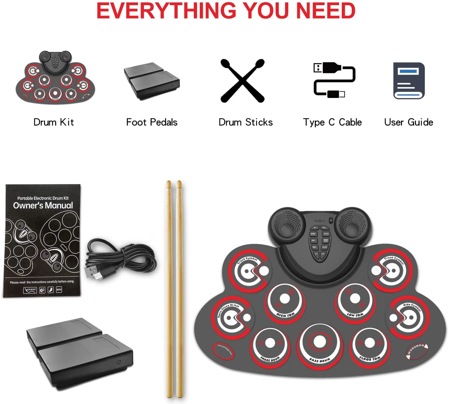 Electronic Drum Set Kids can play games practice drum mat Rechargeable drum set with built-in speaker pedals, drumsticks
