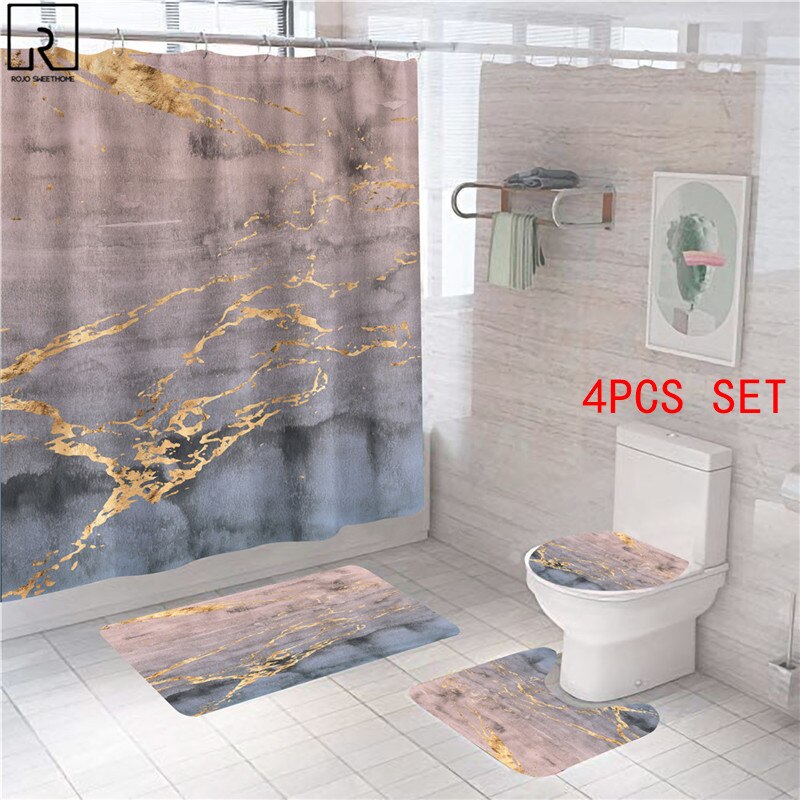 Rideaux de douche en marbre rose, décor brillant pour salle de bain, tissu en Polyester, couverture de toilette, tapis, accessoires de WC: 4PCS SET-E