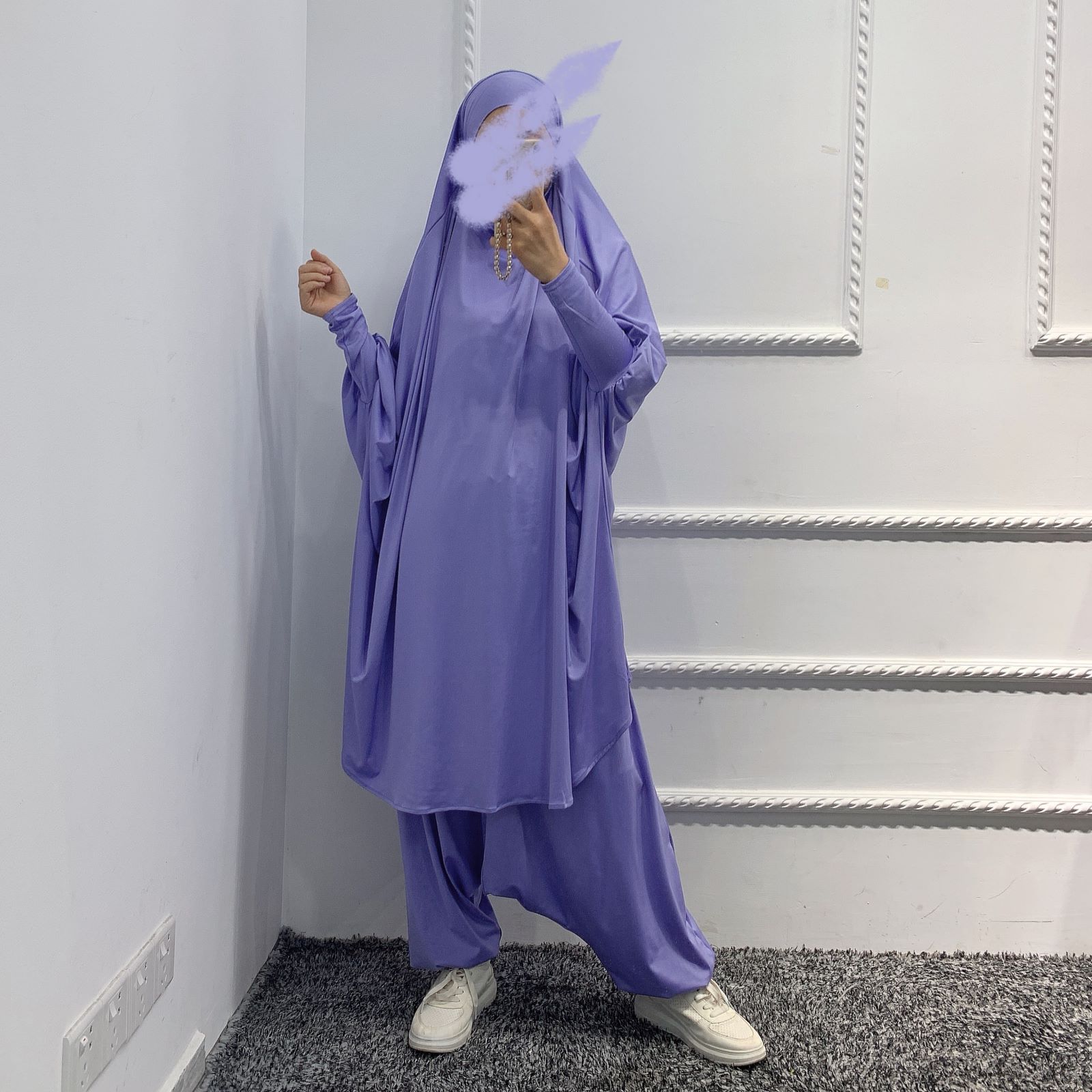 Muslim Macthing Outfit Dress Abaya 2pcs Set Women Jilbab Khimar Hijab Islamt Prayer djellaba femme Niqab Turkey Dubai Clothing: Purple