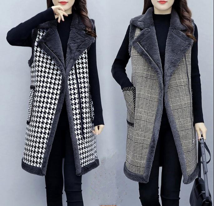 Herfst winter geruite lange wollen vest dames plus fluwelen dikke gilet plus size mouwloze jas vest dames jas l /5xl k1342