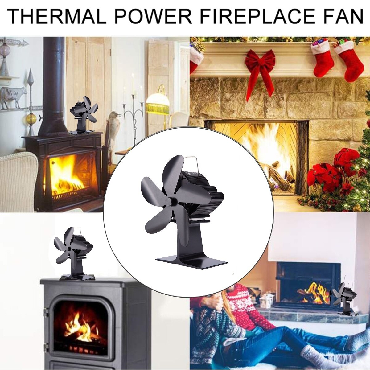 5 Blades Thermal Power Fireplace Fan Efficient Heat Powered Distribution Stove Fans Wood Log Burner Eco Quiet With Thermometer