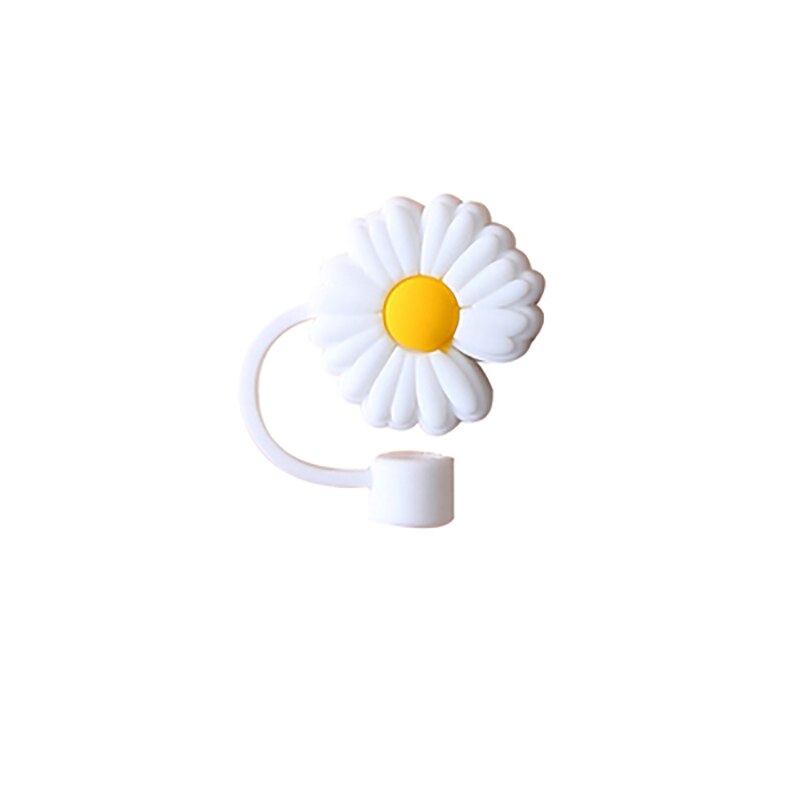 Bouchon de paille en Silicone, capuchon anti-poussière, tasse à boire réutilisable, accessoires de paille en verre, bouchon de dessin animé, couvercle de tête d'aspiration, mignon universel: White Chrysanthemum