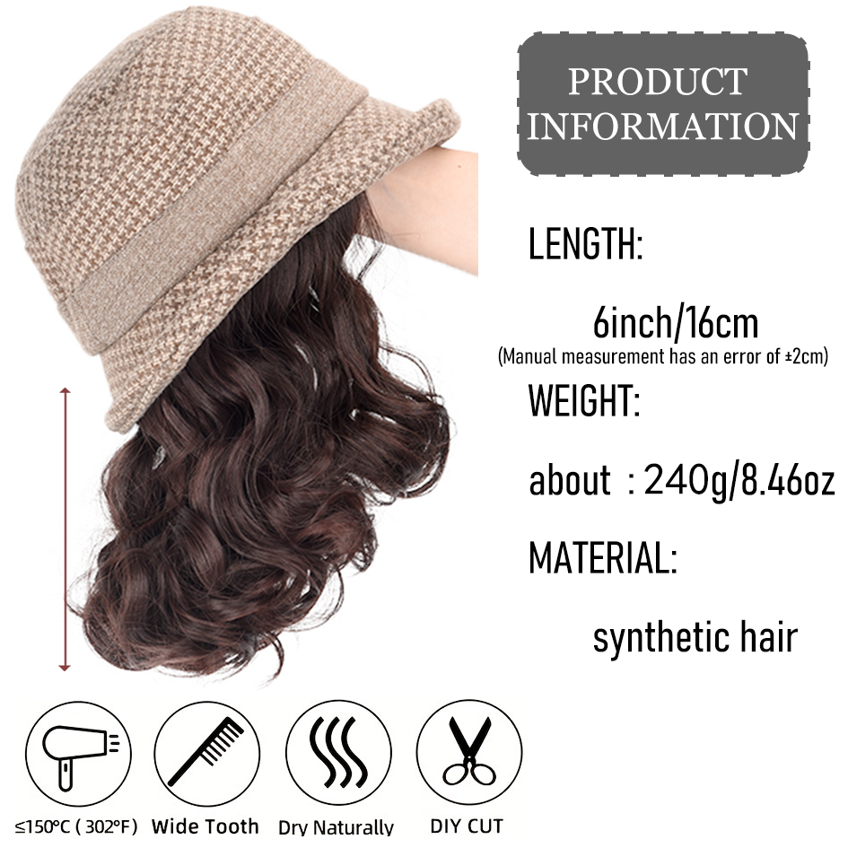 Synthetic 6inch plaid fisherman hat short curly hair wig brown princess curly roo cold warm horse roll Christmas