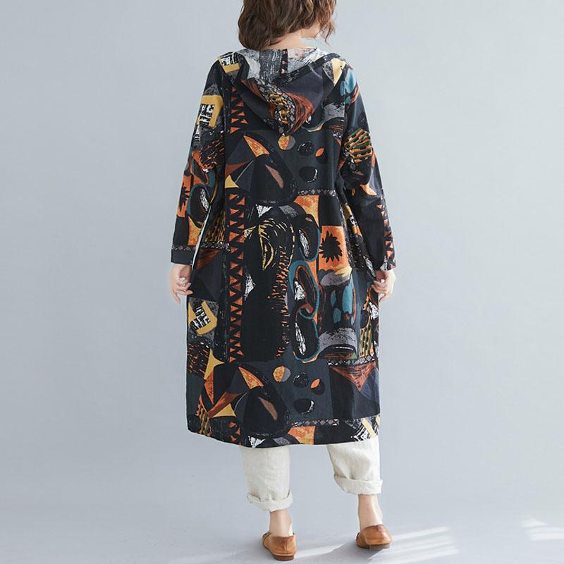 Plus size lange trenchcoat met capuchon, lente voor dames, graffiti print, casual vest, katoenen linnen jassen, kleding, windjack