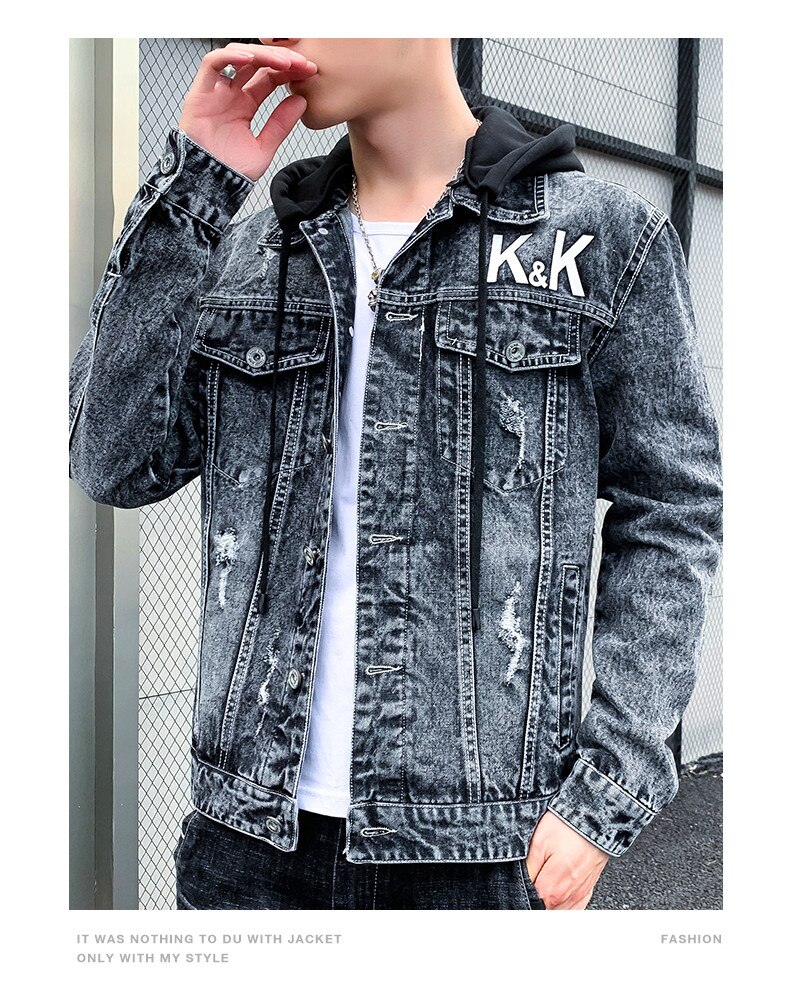 Thickness Men's Denim Jacket Hooded Detachable Ripped Decoration Single Breasted Pocket Spring Autumn Male Washable Coat