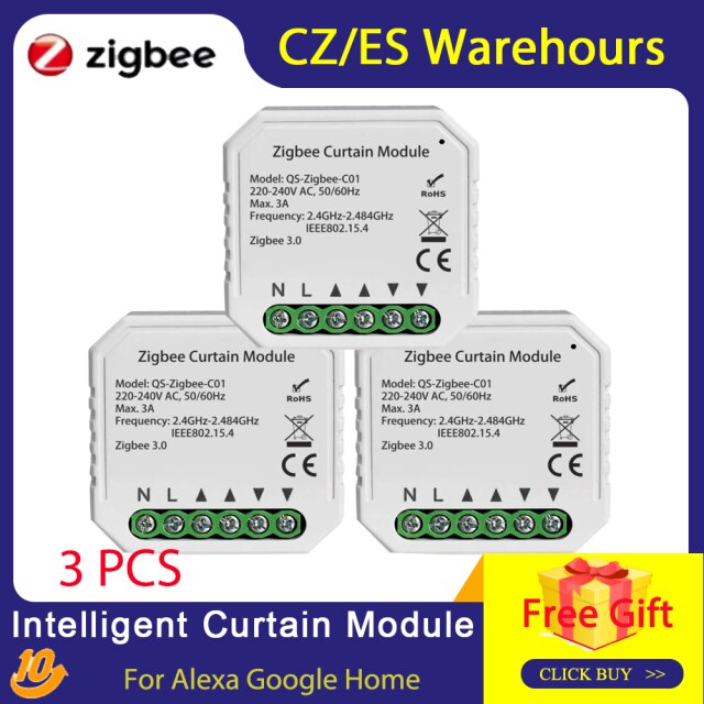 Tuya ZigBee Smart Home Curtain Motor Intelligent Curtain Module For Roller Shutter Blind Motor Compatible for Alexa Google Home: 3 pcs