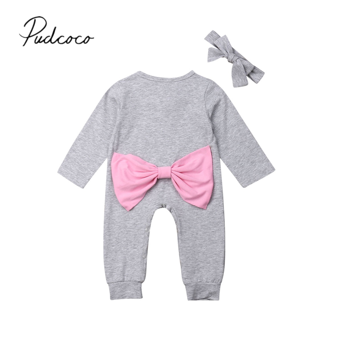 Baby Spring Autumn Clothing 0-24M Infant Baby Girl Boy Long Sleeve Romper Grey Jumpsuits Back Bowknot Headband 2Pcs Clothes