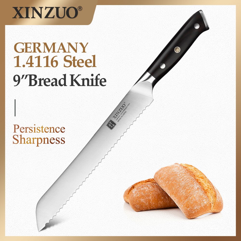 XINZUO couteau à pain 9 ''avec manche en ébène allemagne couteaux de cuisine en acier 1.4116 couteaux dentelés pour le pain, le fromage, le gâteau, outils de boulangerie