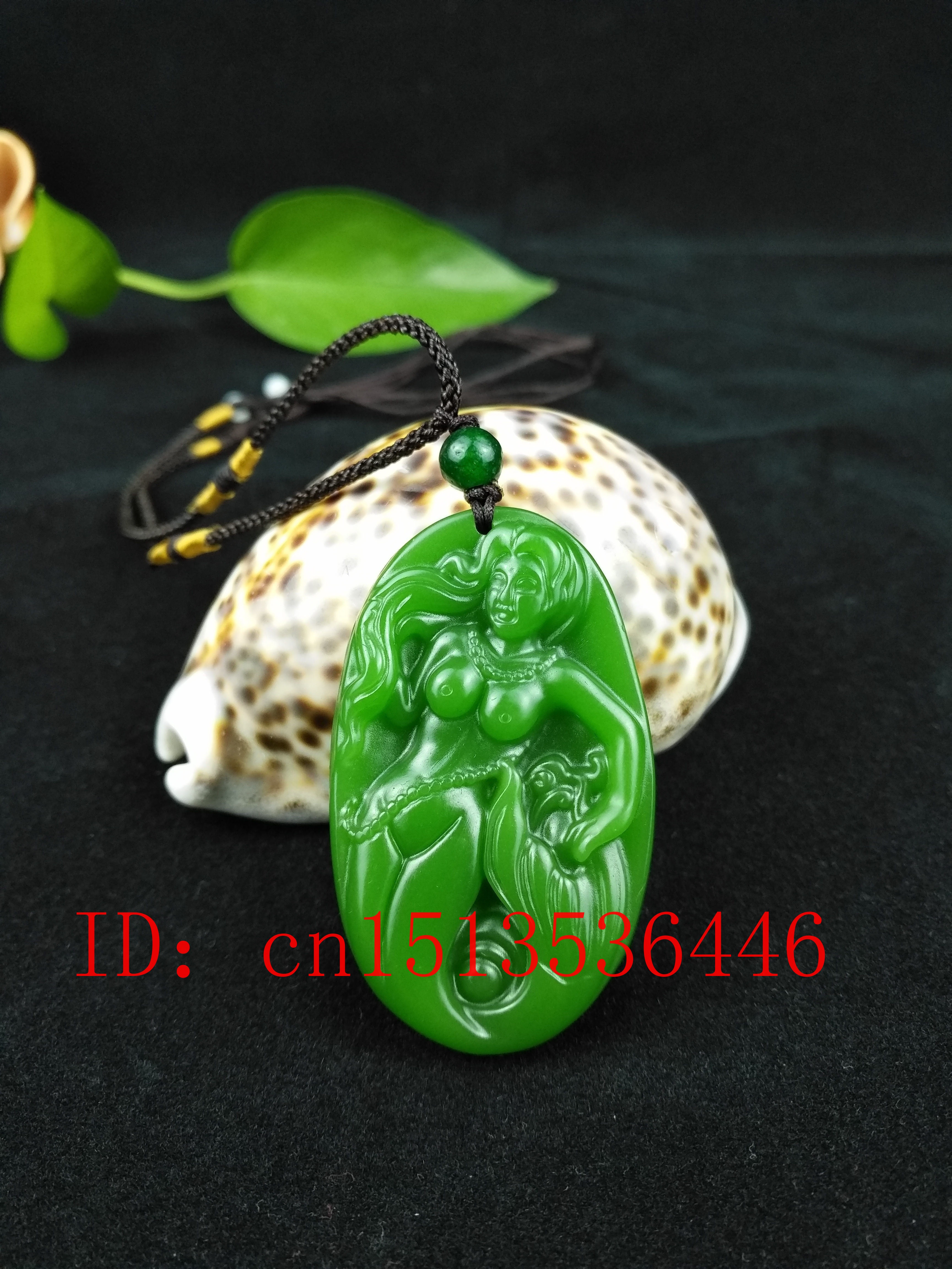 Chinois vert Jade sirène pendentif perles breloque collier bijoux accessoires de sculpté à la main hommes chanceux amulette chaude