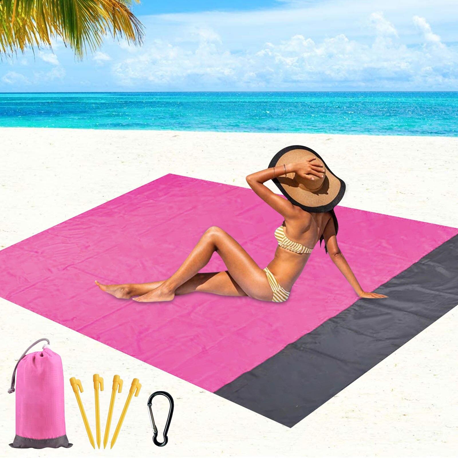 Coperta da spiaggia portatile impermeabile a prova d'umidità stuoia da Picnic all'aperto con borsa picchetti moschettone per campeggio spiaggia escursionismo 79x83in: Rose Red
