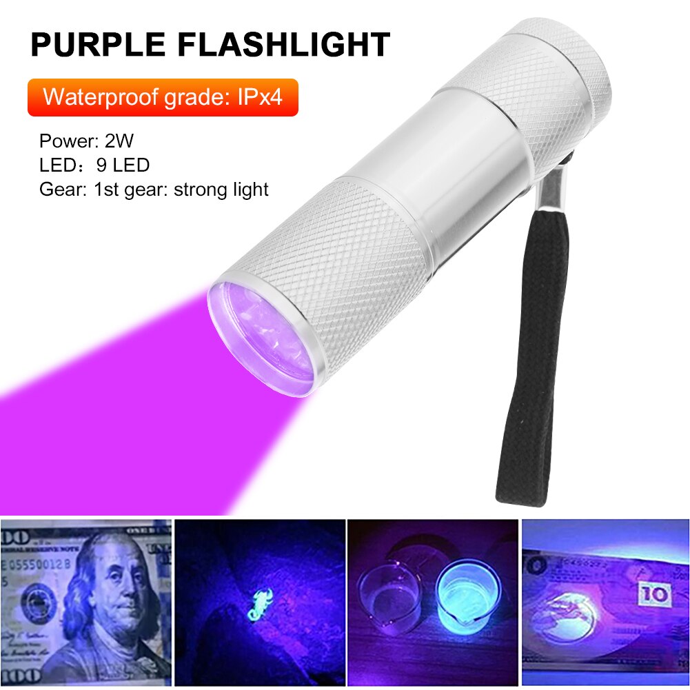 UV Light Torch Lamp Super Mini 9 LED Flashlight Black Ultraviolet Light Super Mini Aluminum UV Flashlight Torch Lamp: Silver no Stripe