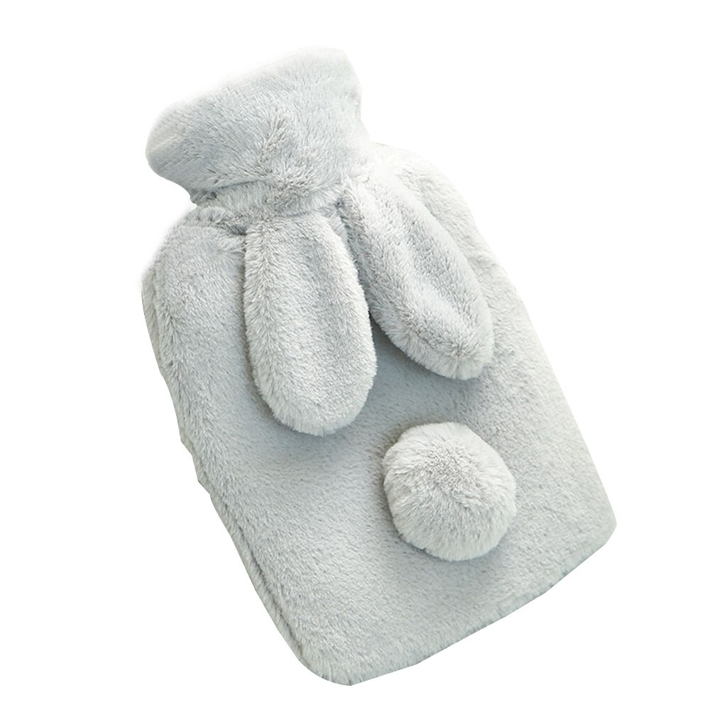 Varmt vandpose håndvarmere husholdningsopvarmningsflasker med kaninøredæksel: Lysegrå