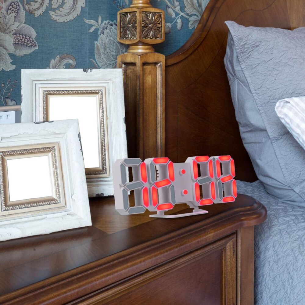 3D LED Digital Clock Wall Desk Alarm Clock USB Charging Clock for Home Office (White, White Numbers)