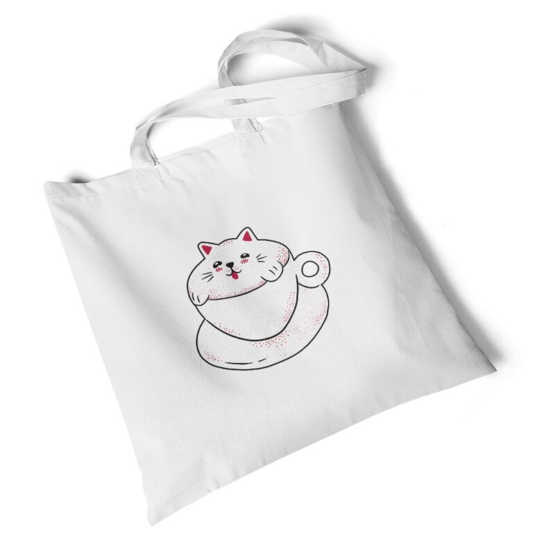 Milieuvriendelijke boodschappentassen dames dierenprint canvas tas strand grote casual handtassen originele studenten schoudertassen: Schattigekattenkoffie