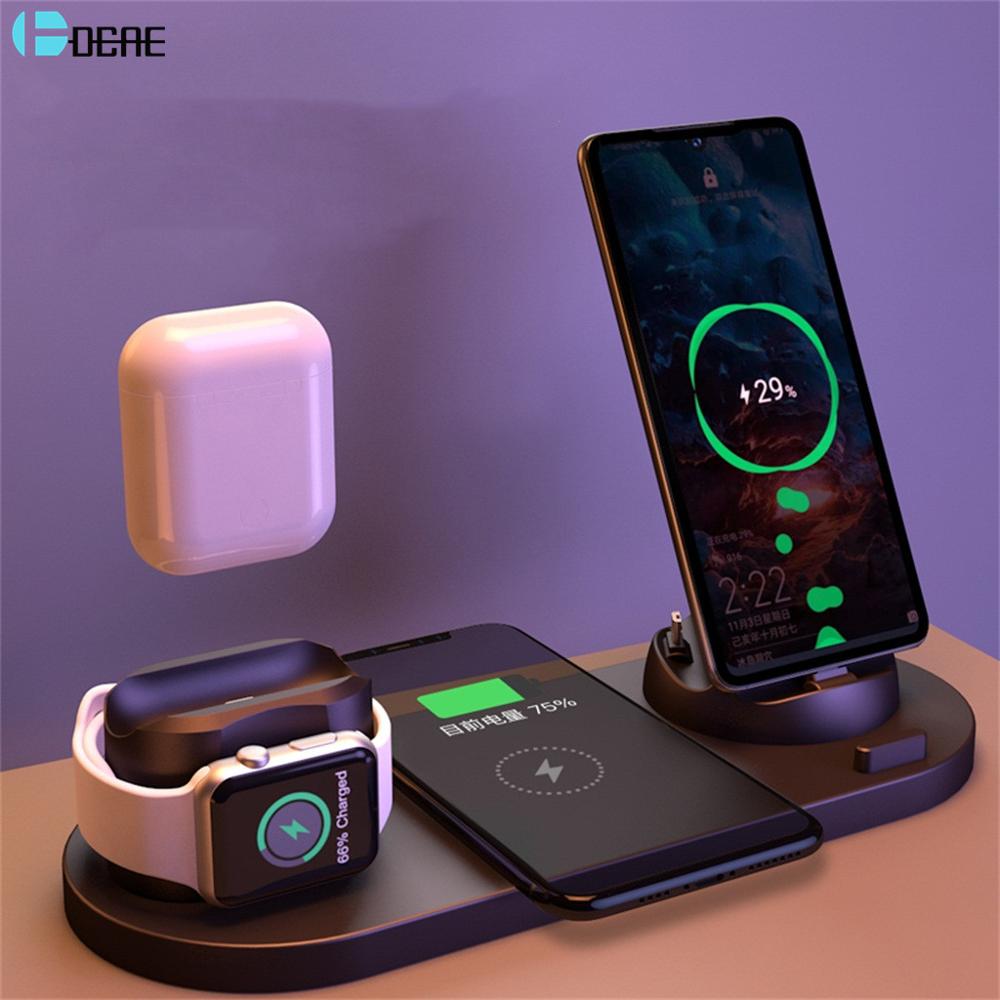 Estación de carga inalámbrica 6 en 1 DCAE para teléfonos iPhone/Android/tipo-c, USB, carga rápida de 10W Qi para Apple Watch AirPods Pro