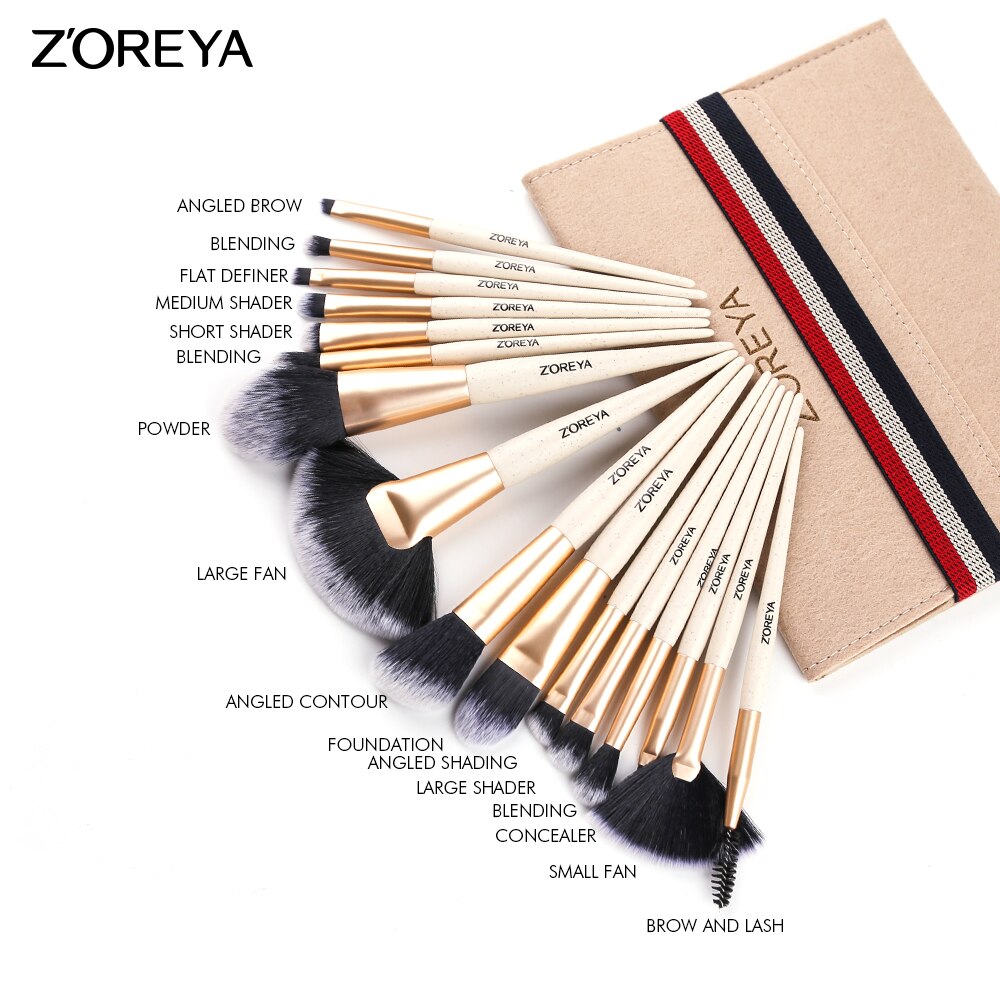 ZOREYA-Juego de brochas de maquillaje, 16 piezas, brochas de maquillaje Premium, brochas de base en polvo, ventilador, sombra de ojos, brocha de mezcla,