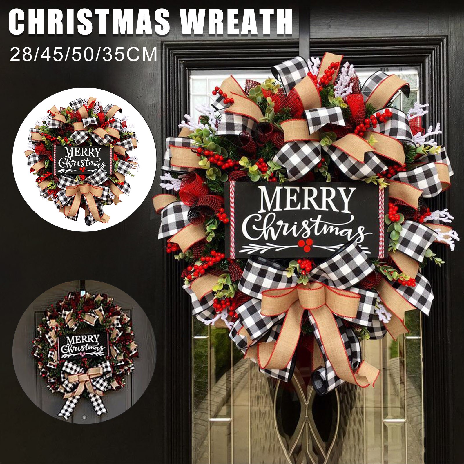 Christmas Buffalo Check Wreath Christmas Festival Window Wall Wreath MYDING