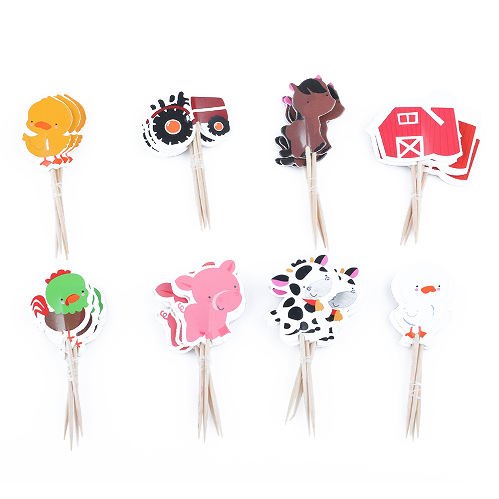 24PCS/pack Cartoon Farm Animal Party Theme Cupcake Toppers Mixed Styles Picks for Kids Birthday Party Favors DIY Cake Decor
