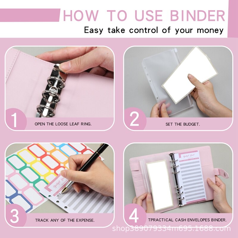A6 Binder PU Leather Budget Planner Refillable 6 Round Rings Binder Cover Notebook Folder with Envelopes