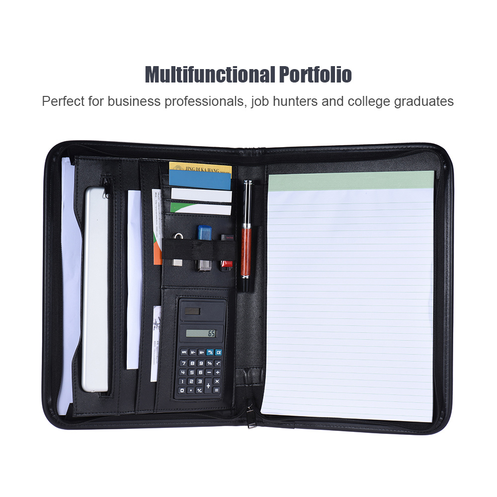 Multifunctional Portfolio Business Zippered Portfolio Padfolio Folder Document Case Organizer A4 PU Leather