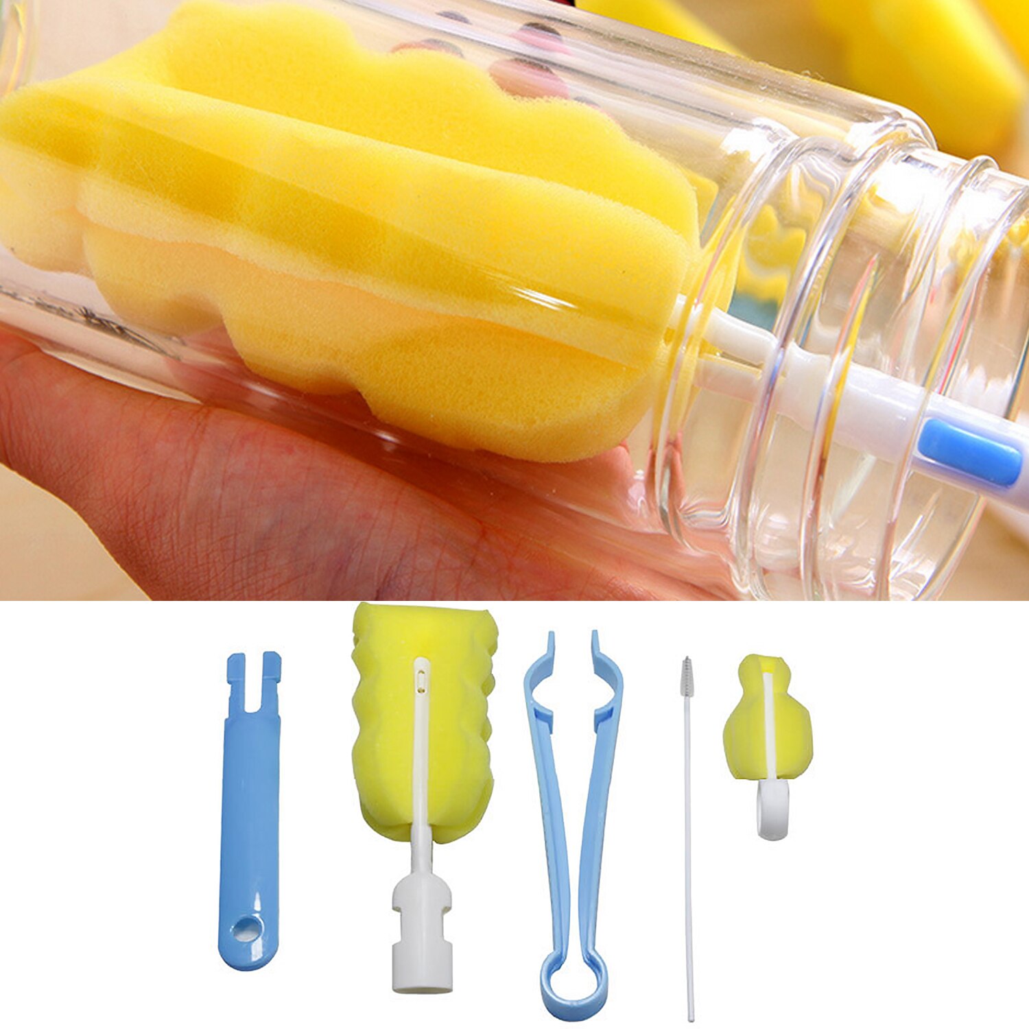 4Stck Baby Flasche Schwamm Pinsel Reiniger Werkzeuge Bausatz für Baby Milch Flasche Nippel Stroh Tasse 360-grad Rotierenden kopf Reinigung Pinsel: blau