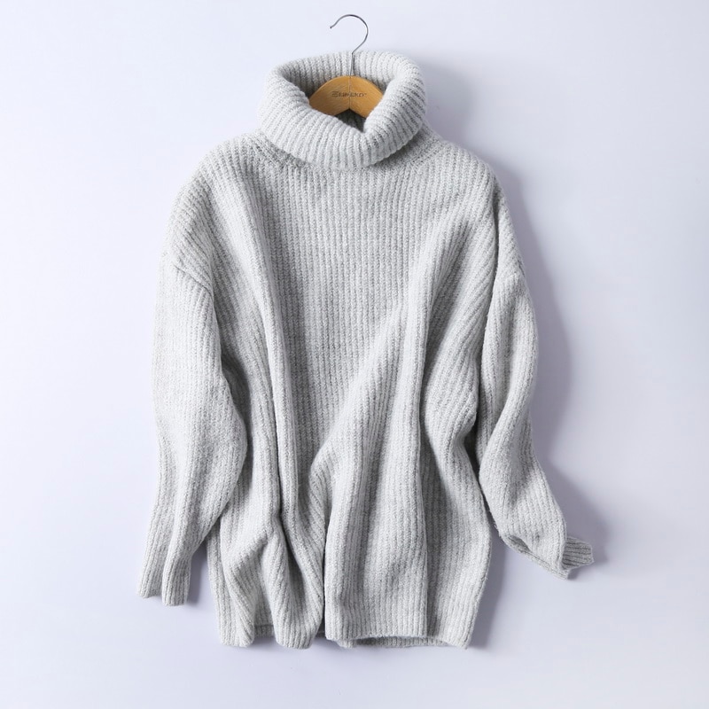 BIAORUINA Women Oversize Basic Knitted Turtleneck Sweater Female Solid Turtleneck Collar Pullovers Warm