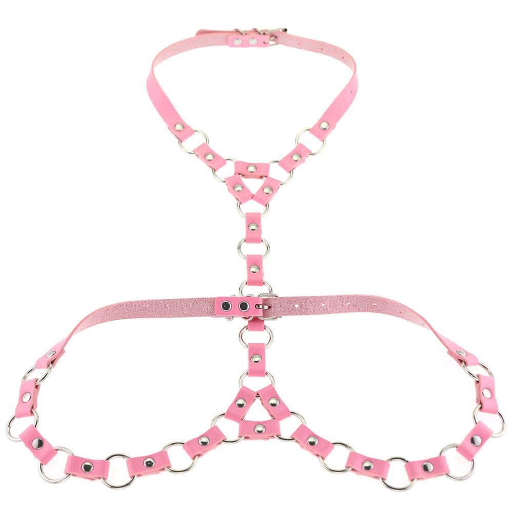 Mode Punk PU Lederen Harnas Body Met O-Ring Choker Bondage Taille Riemen: pink