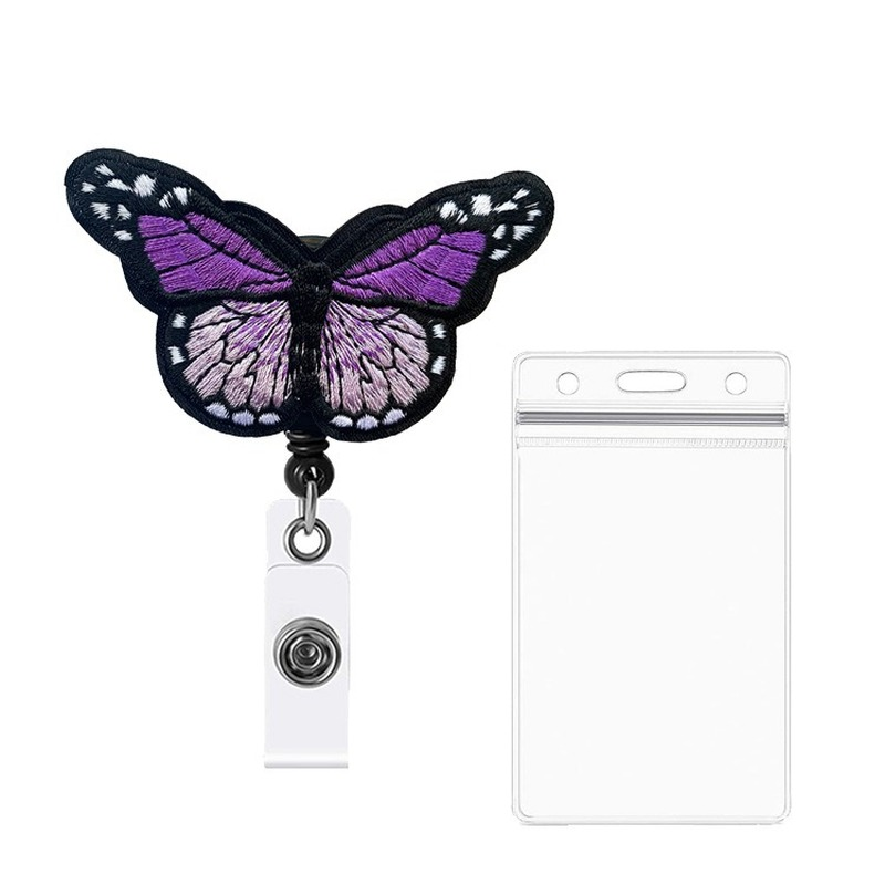 bunt Schmetterling Abzeichen Spule mit transparent PVC Abzeichen Karte Halter einziehbar Brust Tasche Ich würde arbeiten Karte Startseite Fall Clip: Violett Schmetterling