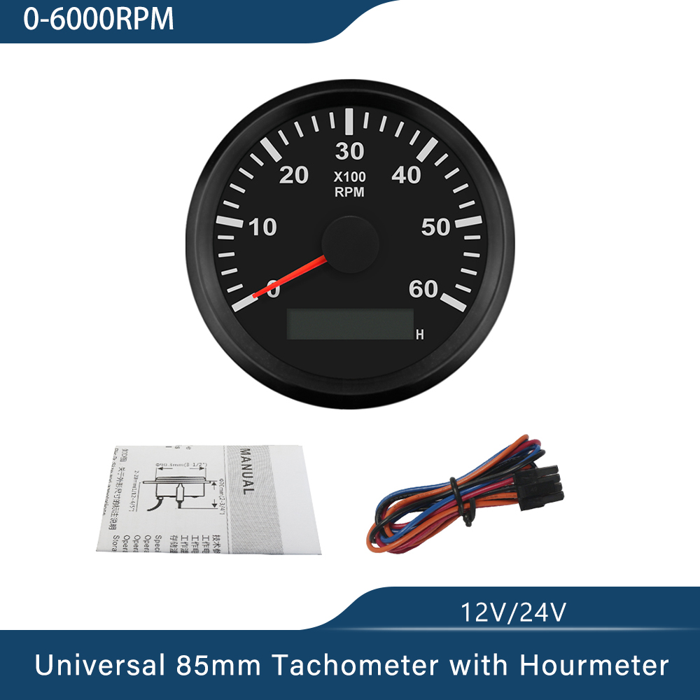 Universal 85mm Tachometer Engine RPM REV Counter with Hourmeter 9-32V with Red Backlight: 6K-BN