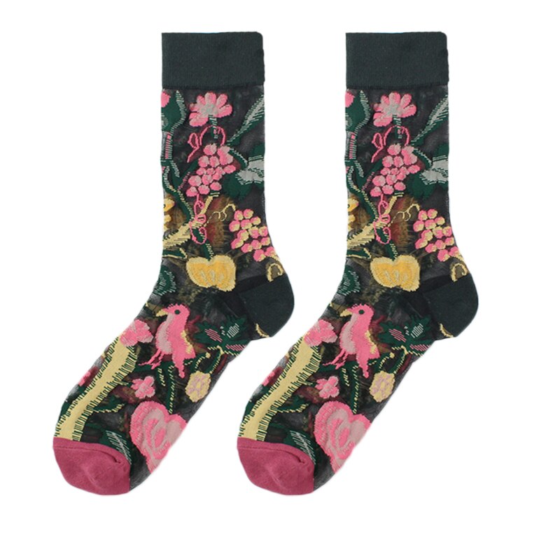 Calcetines divertidos de pájaro Floral de seda de cristal con Hipster francés para mujer, ropa de calle transparente, Calcetines divertidos artísticos de Jacquard Sokken: Beige