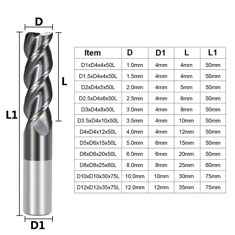 Xcan hårdmetall pinnfräs 1-12mm 3 räfflade änd fräs för aluminium koppar skärning super belagd cnc fräs fräs bit fräs