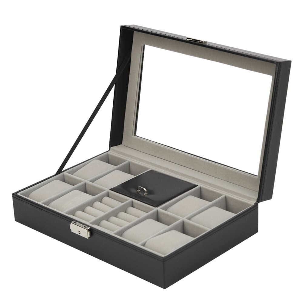 2/6/10/12 slots gitter pu læder ur display boks smykker opbevaring organisator sag låst ur display boks: Wp96700