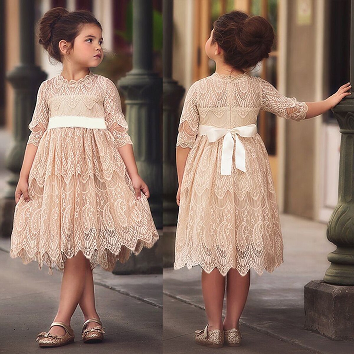 Mode Kanten Jurk Meisjes Bloem Prinses Mouwloze Formele Lange Mouwen Pretty Party Pageant Wedding Bruidsmeisje Jurk