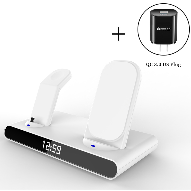 3 in 1 kabellos Ladestation Für iPhone 13 12 11 Profi Max/Apfel Uhr/AirPods LED Digital wecker Drahtlose Ladegerät Stehen: Weiß-uns Stecker