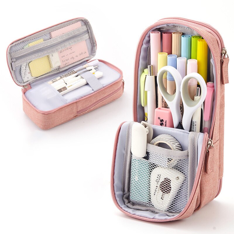 Trousse à stylos coréenne, étui pliable à deux couches, support en tissu pour téléphone, pochette de rangement pour papeterie bureau école
