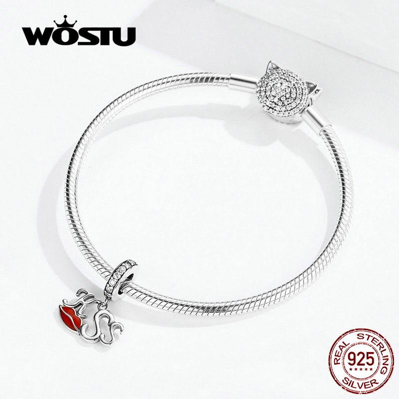 WOSTU KUSS Lippen Baumeln Charme 100% 925 Sterling Silber Zirkon Perlen Fit Original Armband Anhänger Silber 925 Schmuck CQC1237