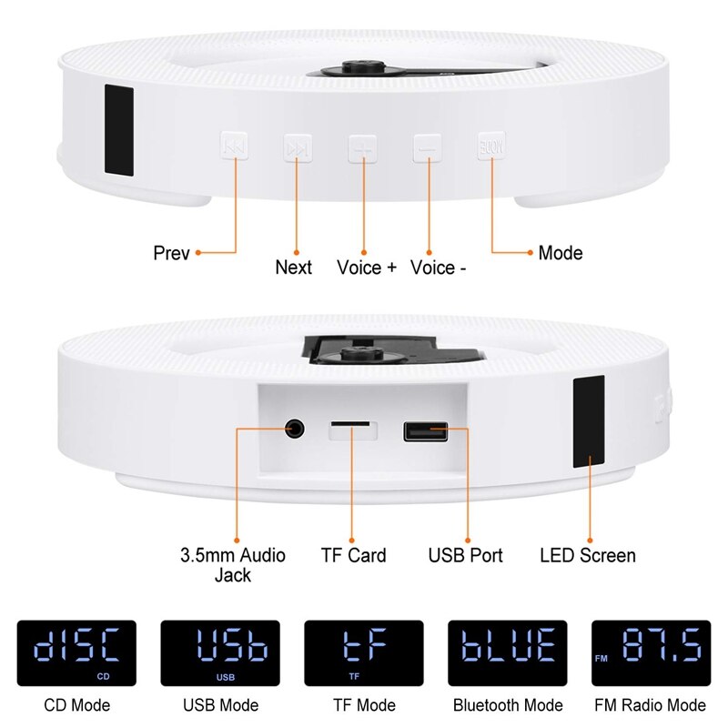 Draagbare cd-speler met bluetooth, aan de muur te bevestigen cd-speler met afstandsbediening voor thuis, ingebouwde hifi-luidsprekers met hoofdtelefoon j