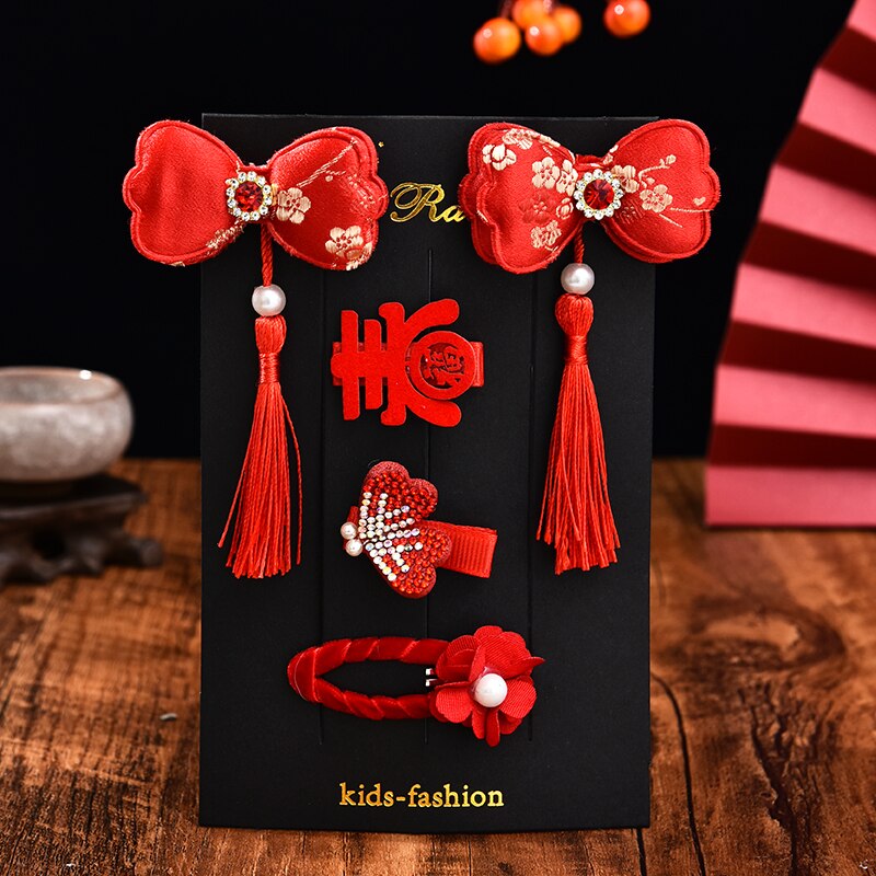 3/5/6 unids/set de horquillas de pelo con borlas de flores bonitas para niños, horquillas de pelo de piel sintética para niñas, horquillas, encantador para niños, accesorios para el cabello: Red bow-5 Pcs