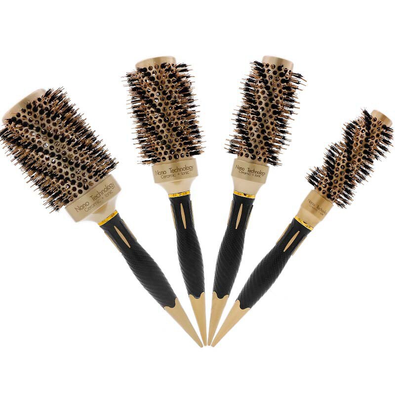 4 Sizes Handle Gold Hair Round Ceramic Brush Boar Bristle Hairdressing Thermal Brush For Hair Curling Aluminum Barrel Comb: 1 Set